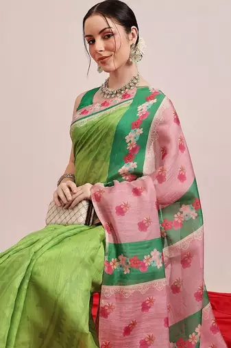 Green printed silk cotton ethnic saree with blouse piece