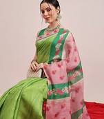 Green printed silk cotton ethnic saree with blouse piece