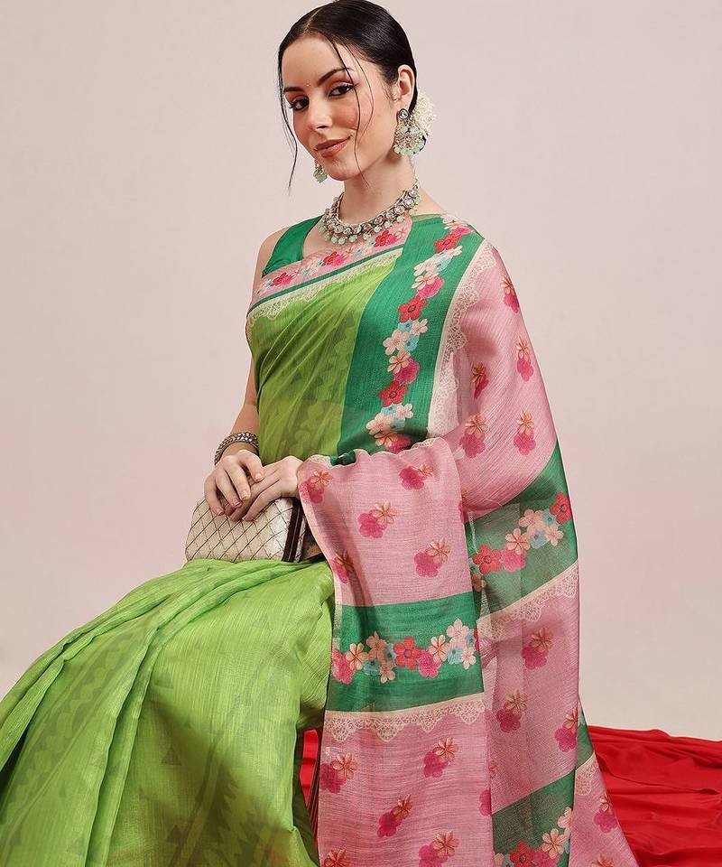 Green printed silk cotton ethnic saree with blouse piece