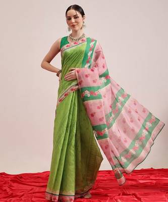 Green printed silk cotton ethnic saree with blouse piece 2