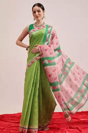 Green printed silk cotton ethnic saree with blouse piece