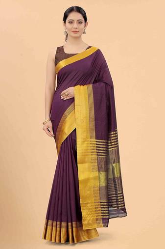 Purple plain silk blend ethnic saree with blouse piece