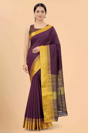 Purple plain silk blend ethnic saree with blouse piece