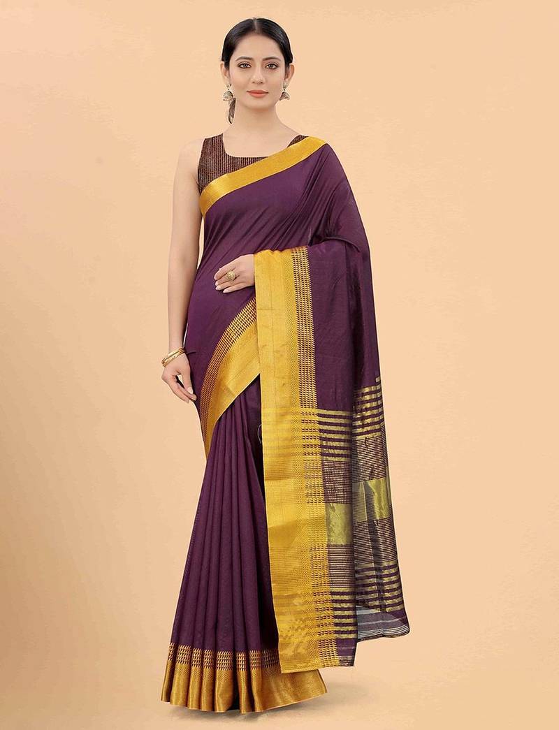 Purple plain silk blend ethnic saree with blouse piece