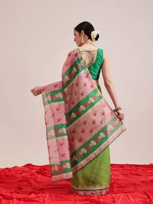 Green printed silk cotton ethnic saree with blouse piece 3