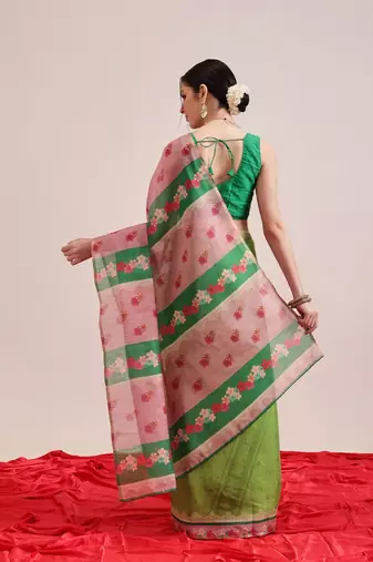 Green printed silk cotton ethnic saree with blouse piece