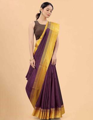 Purple plain silk blend ethnic saree with blouse piece 2