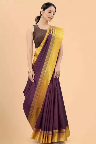 Purple plain silk blend ethnic saree with blouse piece