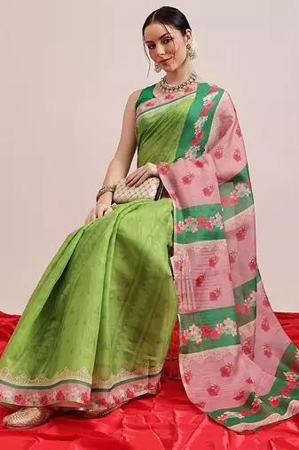 Green printed silk cotton ethnic saree with blouse piece