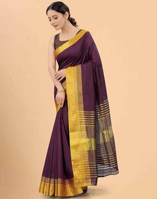 Purple plain silk blend ethnic saree with blouse piece 3