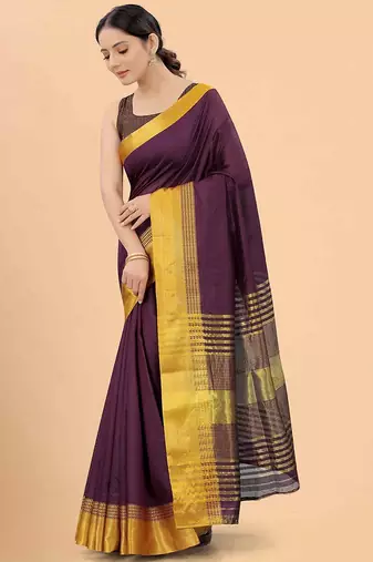 Purple plain silk blend ethnic saree with blouse piece