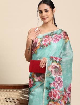 Teal printed cotton blend ethnic saree with blouse piece 1