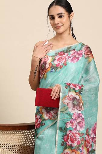 Teal printed cotton blend ethnic saree with blouse piece