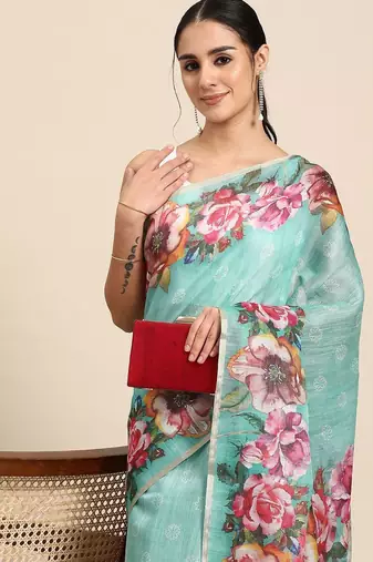 Teal printed cotton blend ethnic saree with blouse piece