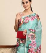 Teal printed cotton blend ethnic saree with blouse piece