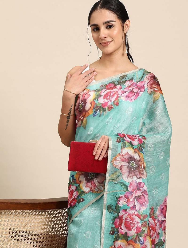 Teal printed cotton blend ethnic saree with blouse piece