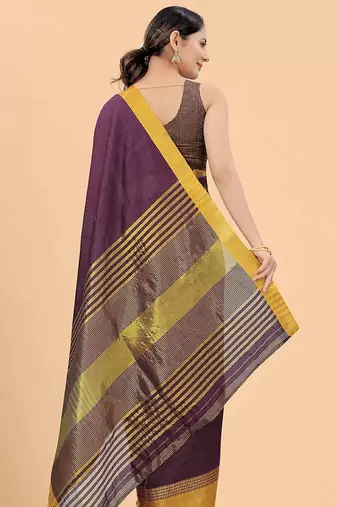 Purple plain silk blend ethnic saree with blouse piece