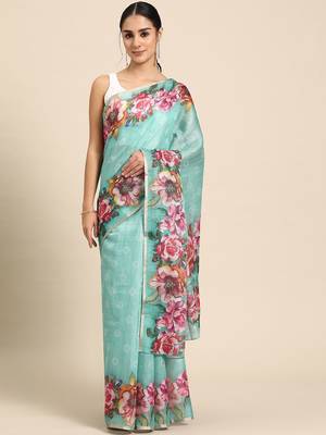 Teal printed cotton blend ethnic saree with blouse piece 2