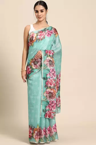 Teal printed cotton blend ethnic saree with blouse piece