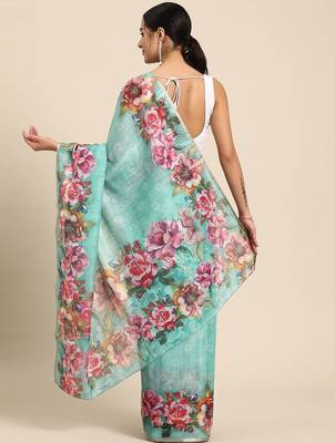 Teal printed cotton blend ethnic saree with blouse piece 3