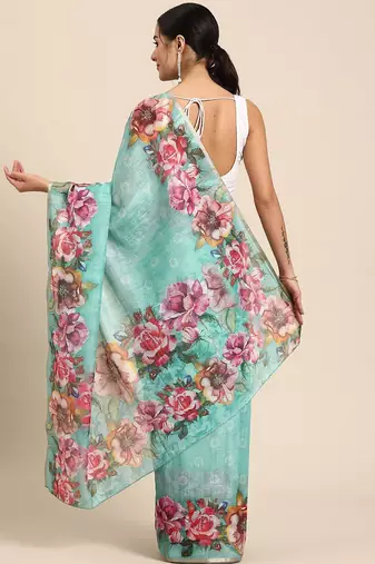 Teal printed cotton blend ethnic saree with blouse piece