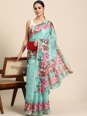Teal printed cotton blend ethnic saree with blouse piece 4