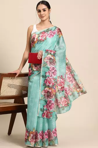 Teal printed cotton blend ethnic saree with blouse piece
