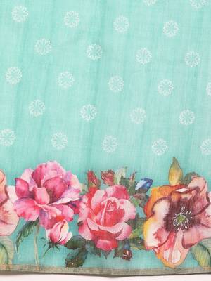 Teal printed cotton blend ethnic saree with blouse piece 5