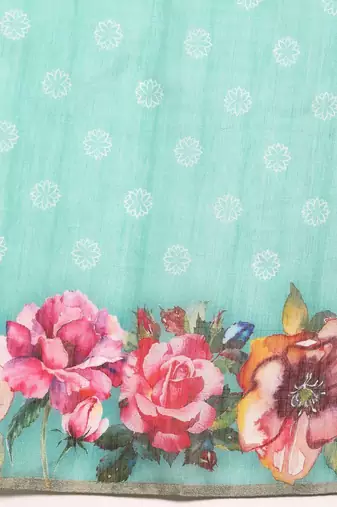 Teal printed cotton blend ethnic saree with blouse piece