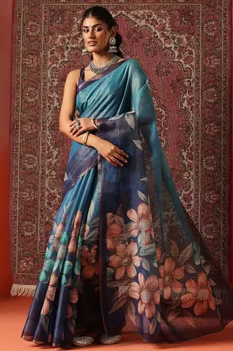 Blue printed cotton blend ethnic saree with blouse piece