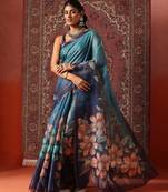 Blue printed cotton blend ethnic saree with blouse piece