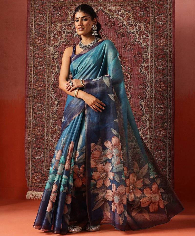Blue printed cotton blend ethnic saree with blouse piece