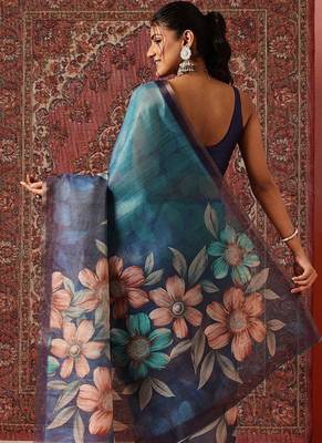 Blue printed cotton blend ethnic saree with blouse piece 2