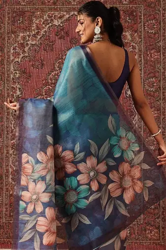 Blue printed cotton blend ethnic saree with blouse piece