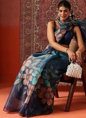 Blue printed cotton blend ethnic saree with blouse piece 3