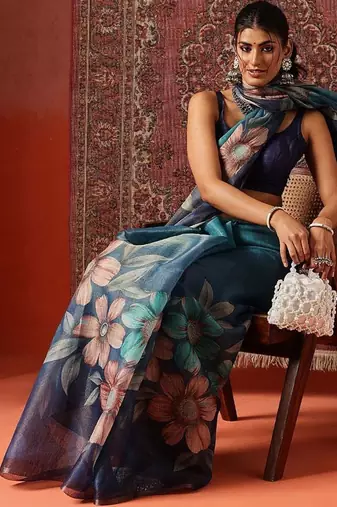 Blue printed cotton blend ethnic saree with blouse piece