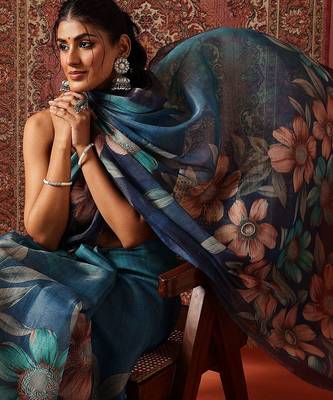 Blue printed cotton blend ethnic saree with blouse piece 4