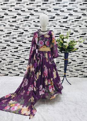 purple  heavy fox georgette gown set with digital print work - designer party wear 1