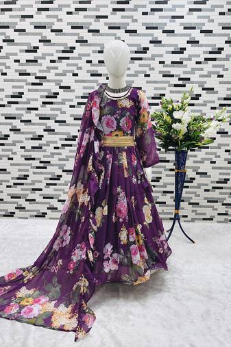 purple  heavy fox georgette gown set with digital print work - designer party wear
