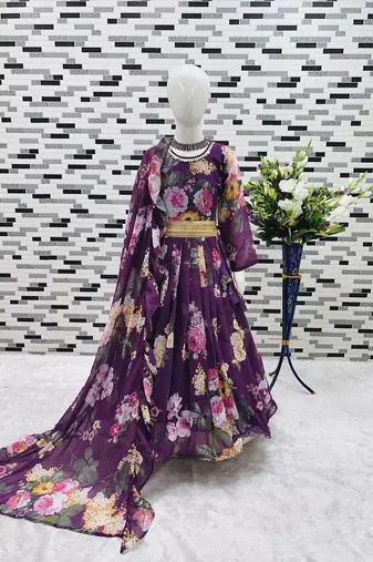 purple  heavy fox georgette gown set with digital print work - designer party wear