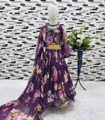 purple  heavy fox georgette gown set with digital print work - designer party wear