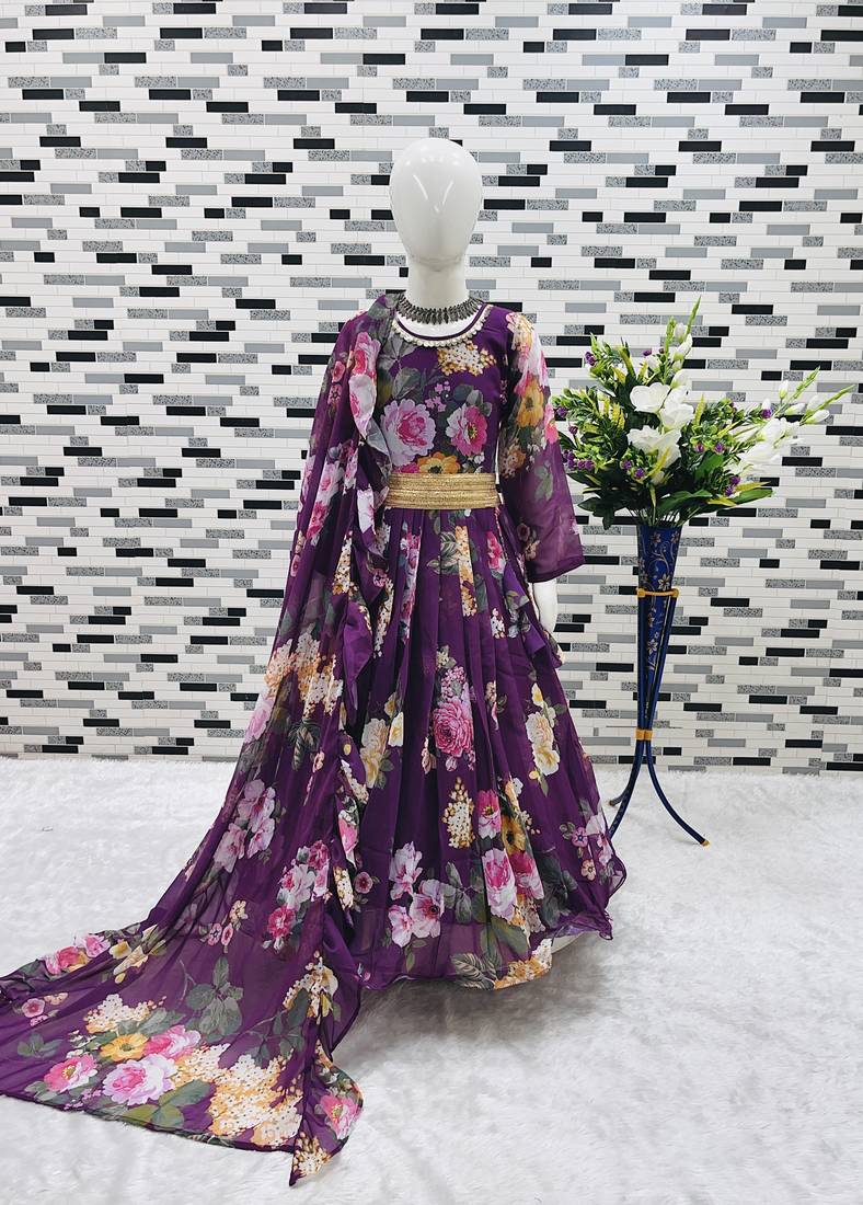purple  heavy fox georgette gown set with digital print work - designer party wear