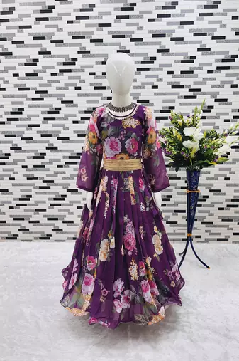 purple  heavy fox georgette gown set with digital print work - designer party wear
