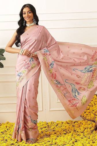 Pink ethnic motifs embroidered art silk festive saree with blouse piece