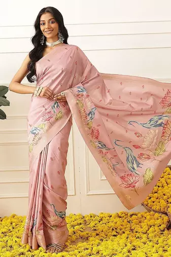 Pink ethnic motifs embroidered art silk festive saree with blouse piece