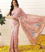 Pink ethnic motifs embroidered art silk festive saree with blouse piece