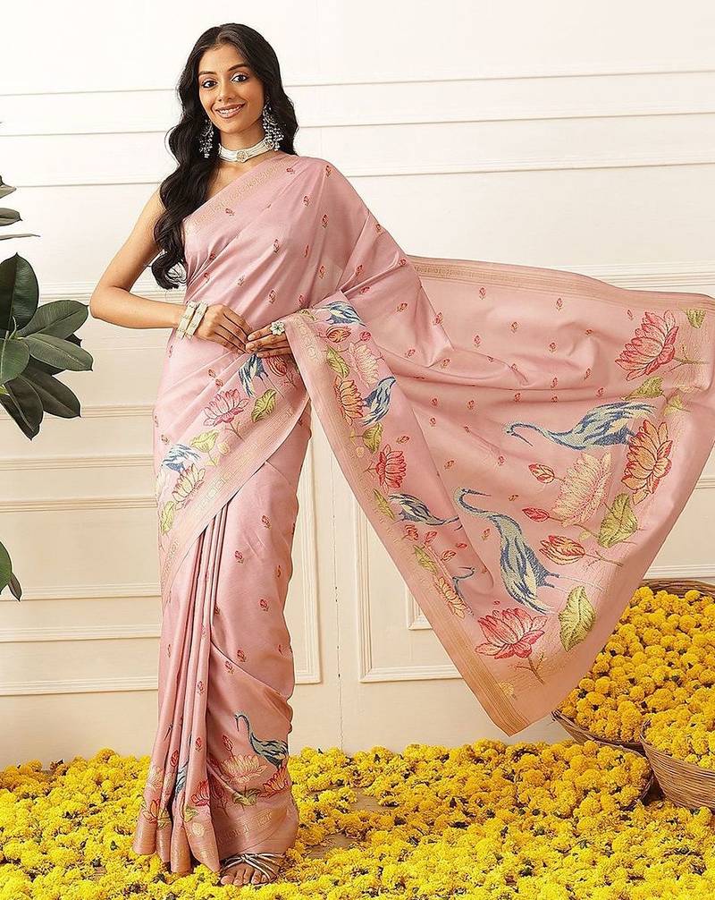 Pink ethnic motifs embroidered art silk festive saree with blouse piece