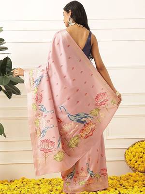 Pink ethnic motifs embroidered art silk festive saree with blouse piece 2