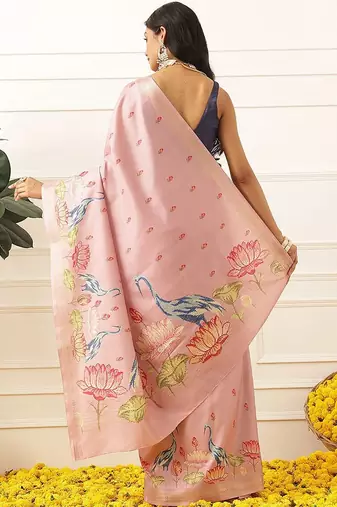 Pink ethnic motifs embroidered art silk festive saree with blouse piece