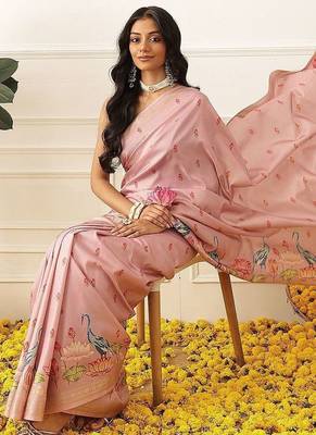 Pink ethnic motifs embroidered art silk festive saree with blouse piece 3